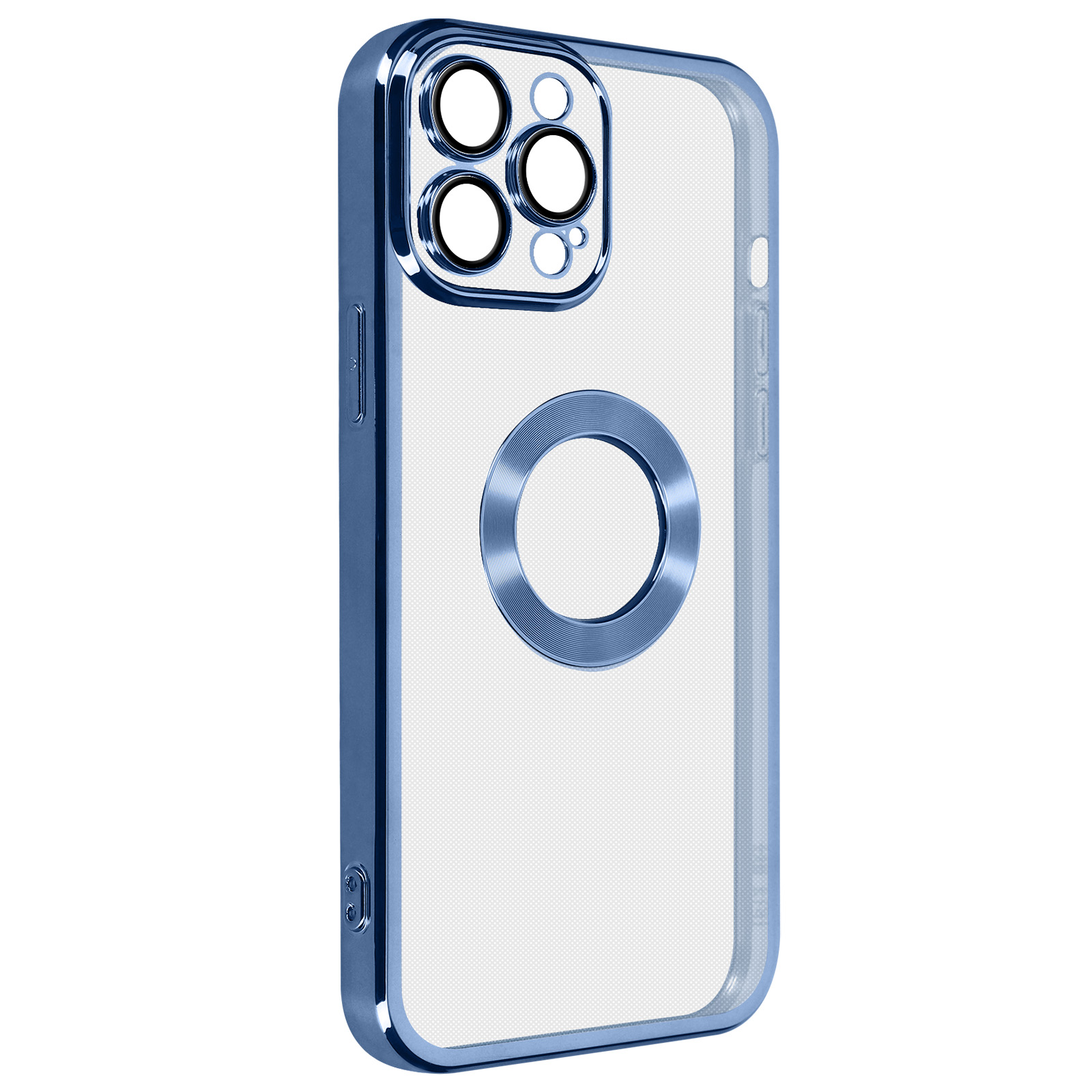 Custodia blu per telefono con retro trasparente, dettagli della fotocamera e anello.