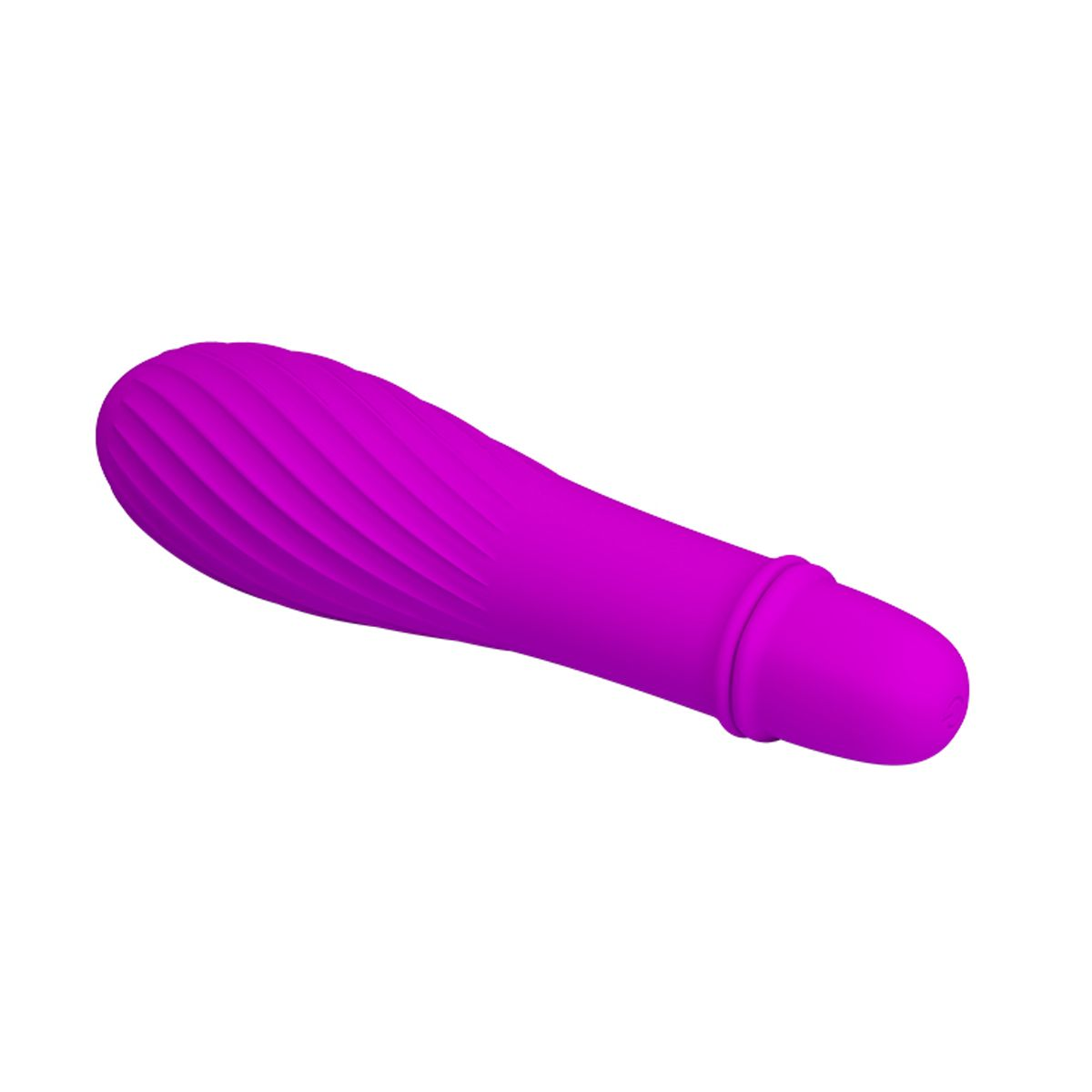 Ein lila Vibrator auf weißem Hintergrund. Er hat einen geriffelten Kopf und einen glatten Griff.