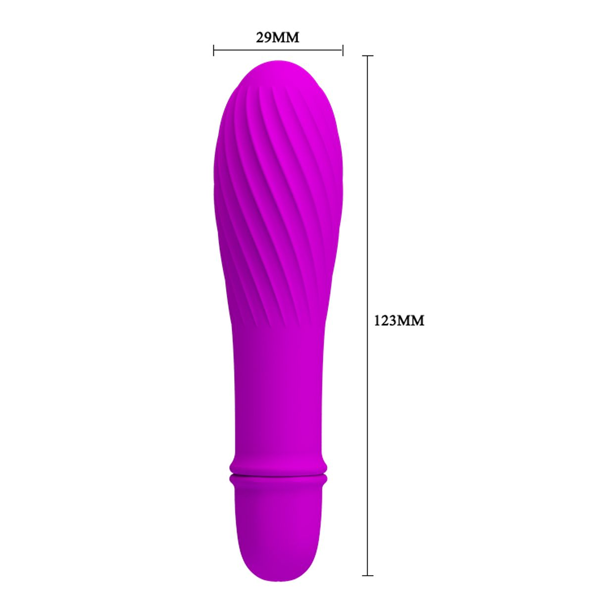 Ein lila Vibrator, mit Maßen. Weißer Hintergrund.