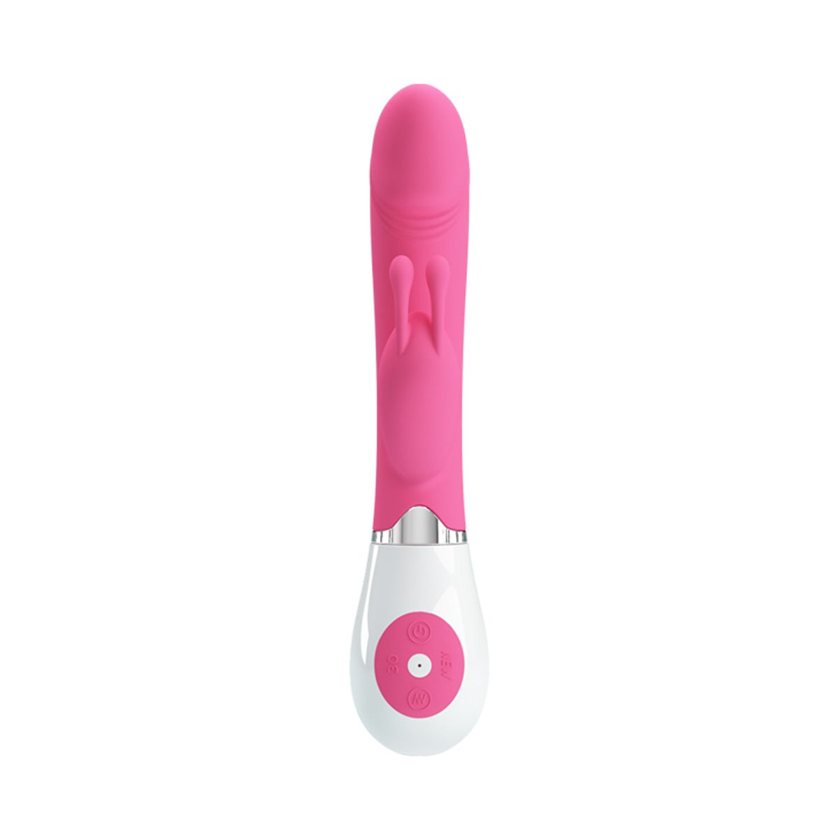 Un juguete sexual rosa con punta redondeada, dos protuberancias redondeadas y una base blanca con botones. Sobre fondo blanco.