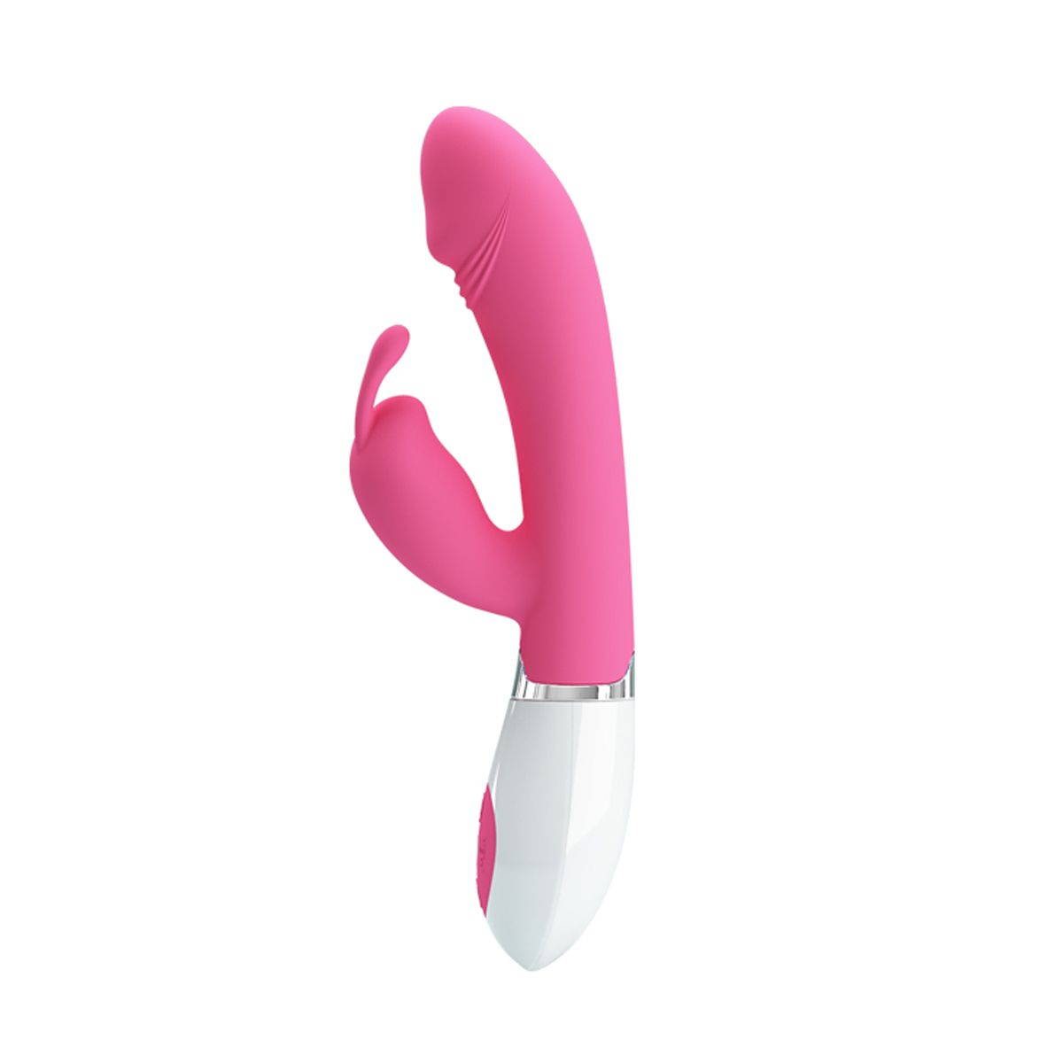 Un juguete sexual rosa con forma curva, base blanca y un botón. El fondo es blanco.