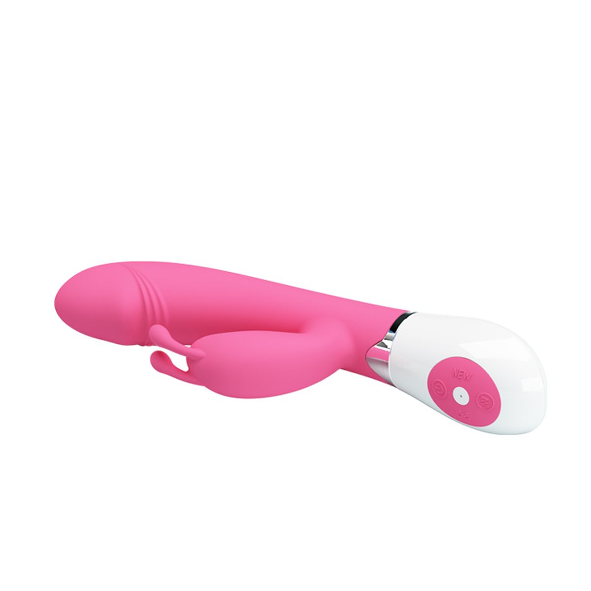 Un juguete sexual rosa sobre fondo blanco. Tiene forma curva, con cabeza redondeada y panel de botones en el extremo.
