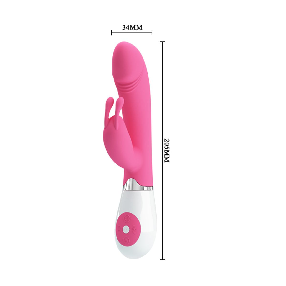 Un juguete sexual rosa con una cabeza redondeada, dos pequeñas protuberancias y una base blanca con botones. También se proporcionan medidas.