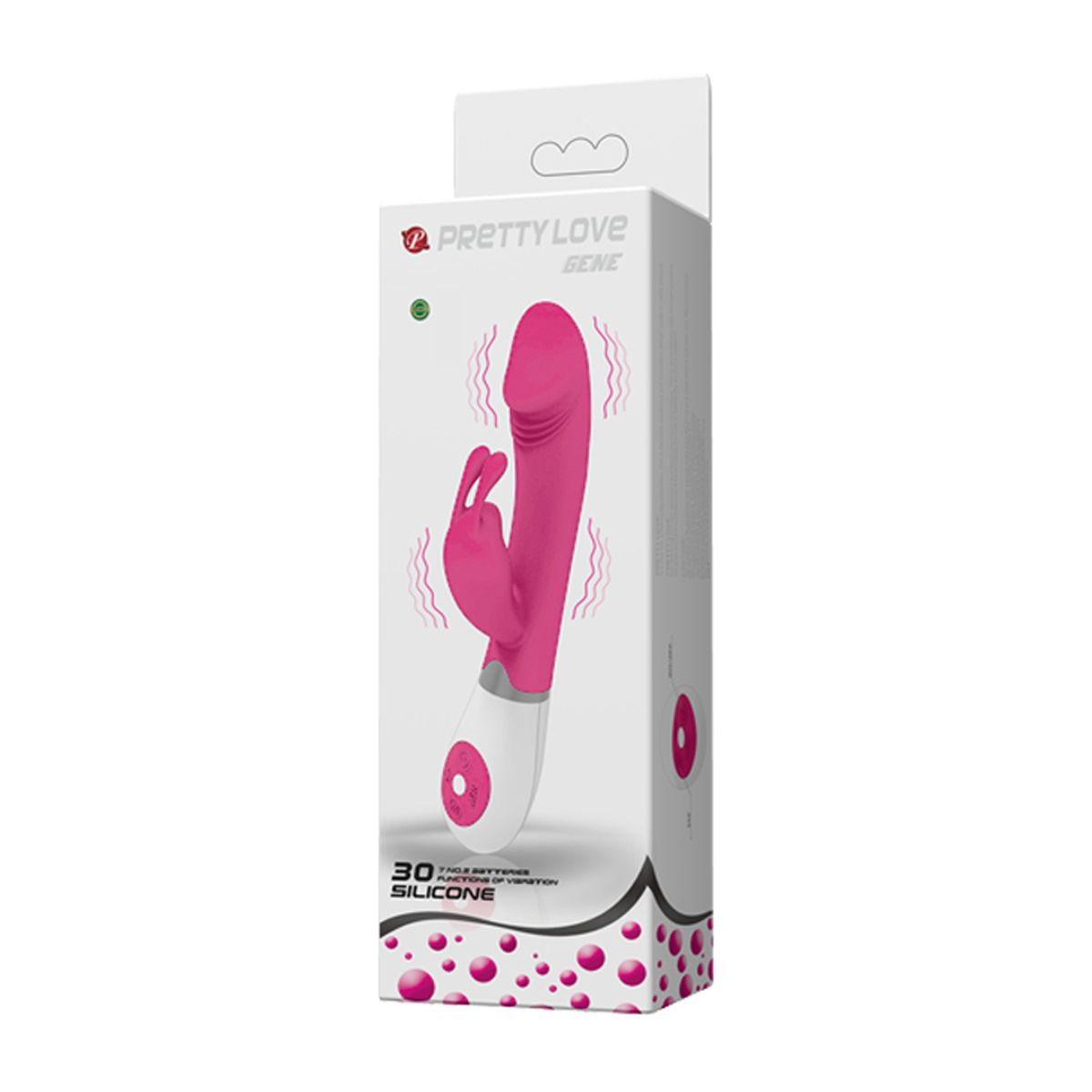 Una caja con un vibrador rosa dentro. El texto en la caja dice 'Pretty Love Gene', con 30 silicona y otros detalles.