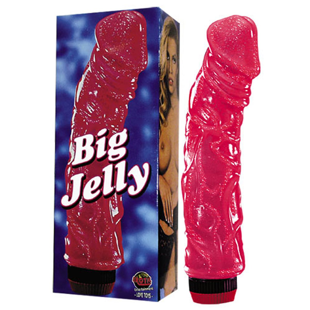 Ein roter, strukturierter Dildo steht neben seiner Schachtel. Die Schachtel zeigt eine Frau.