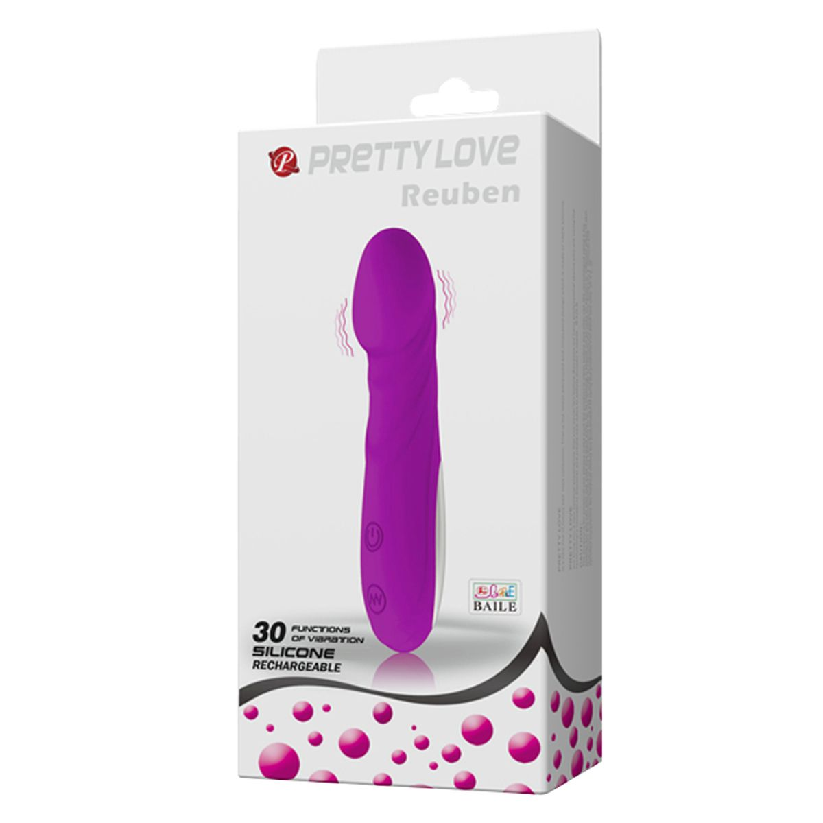 Schachtel mit einem lila Vibrator. Text: 'Pretty Love Reuben'. 30 Funktionen, wiederaufladbar. Pinke Punkte auf der Schachtel.