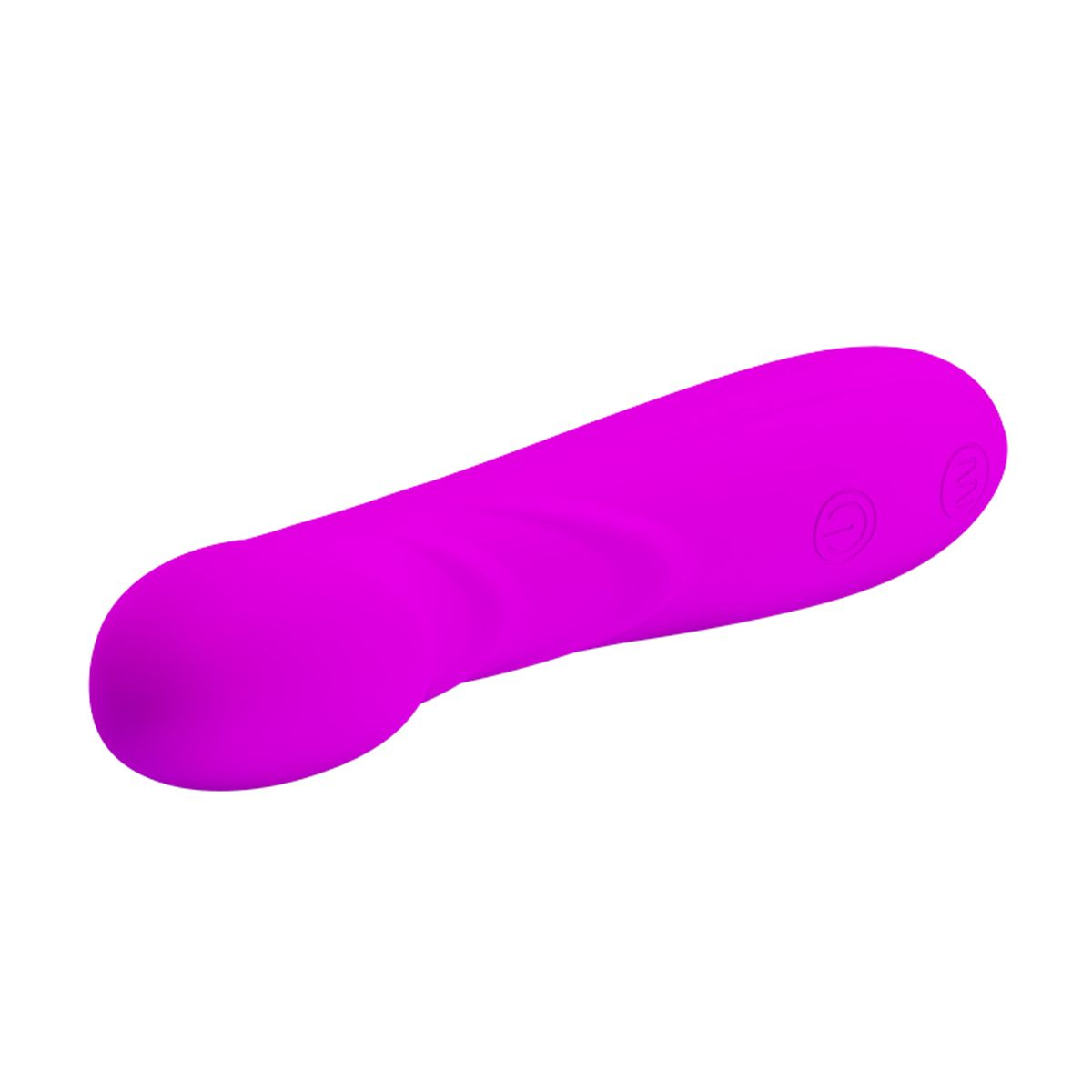 Ein magentafarbenes Sexspielzeug liegt auf weißem Hintergrund. Es hat einen abgerundeten Kopf, einen gebogenen Körper und zwei knopfartige Merkmale.