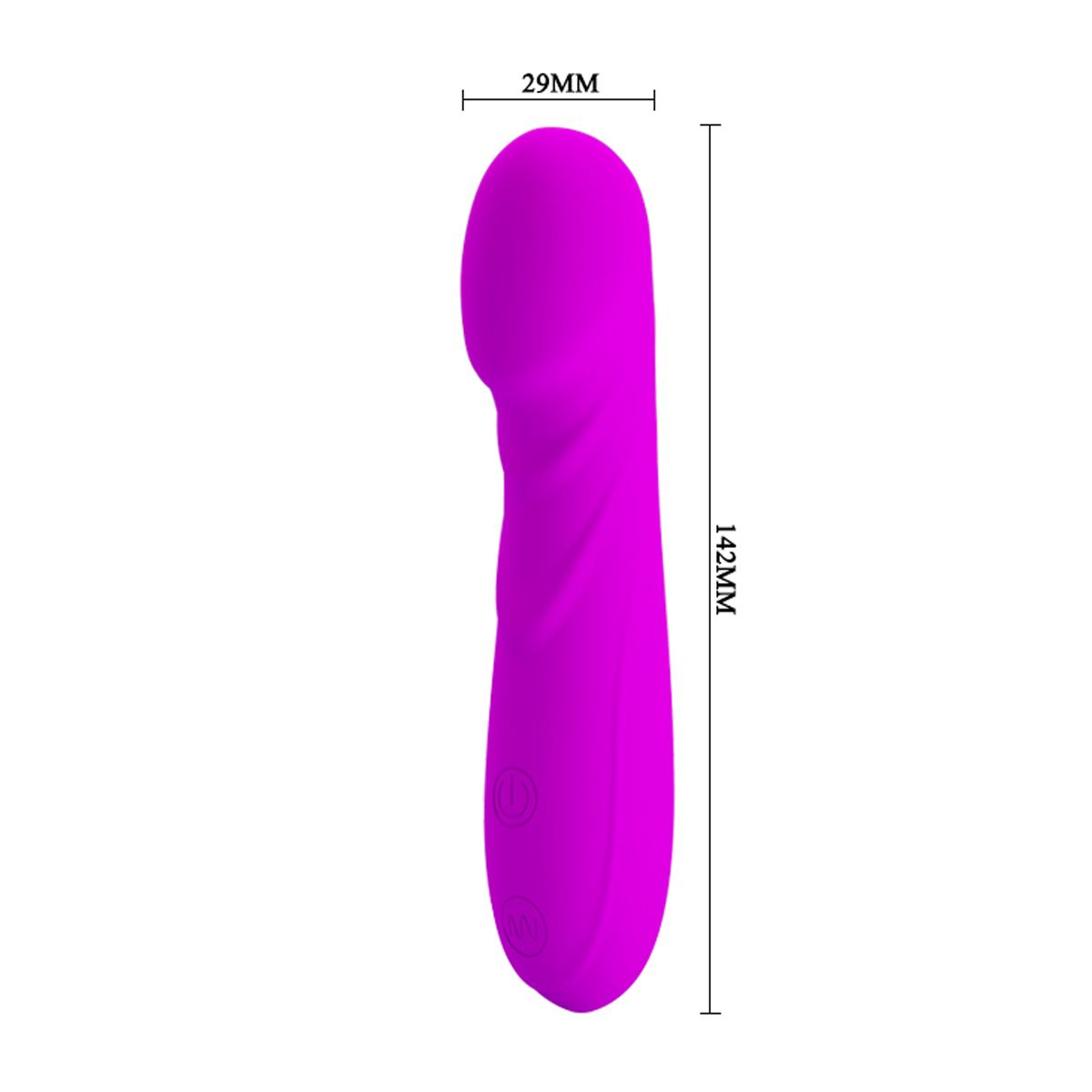 Ein lila Sexspielzeug vor weißem Hintergrund. Es ist 142 mm lang und 29 mm breit, mit Ein-/Aus- und Intensitätstasten.