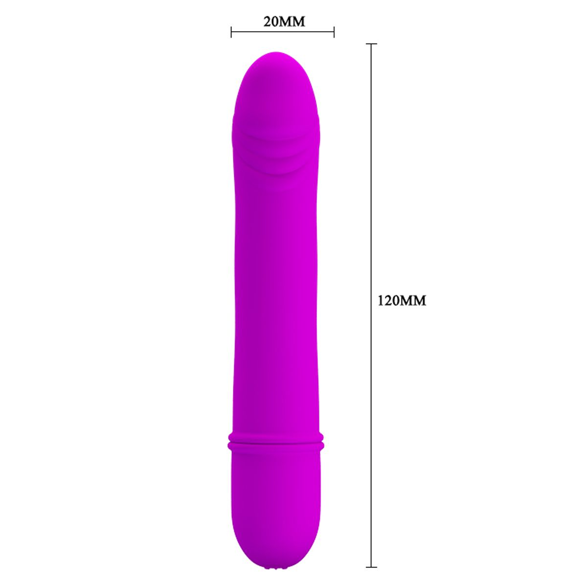 Ein lila Vibrator mit den Abmessungen 20 mm x 120 mm, vor weißem Hintergrund.