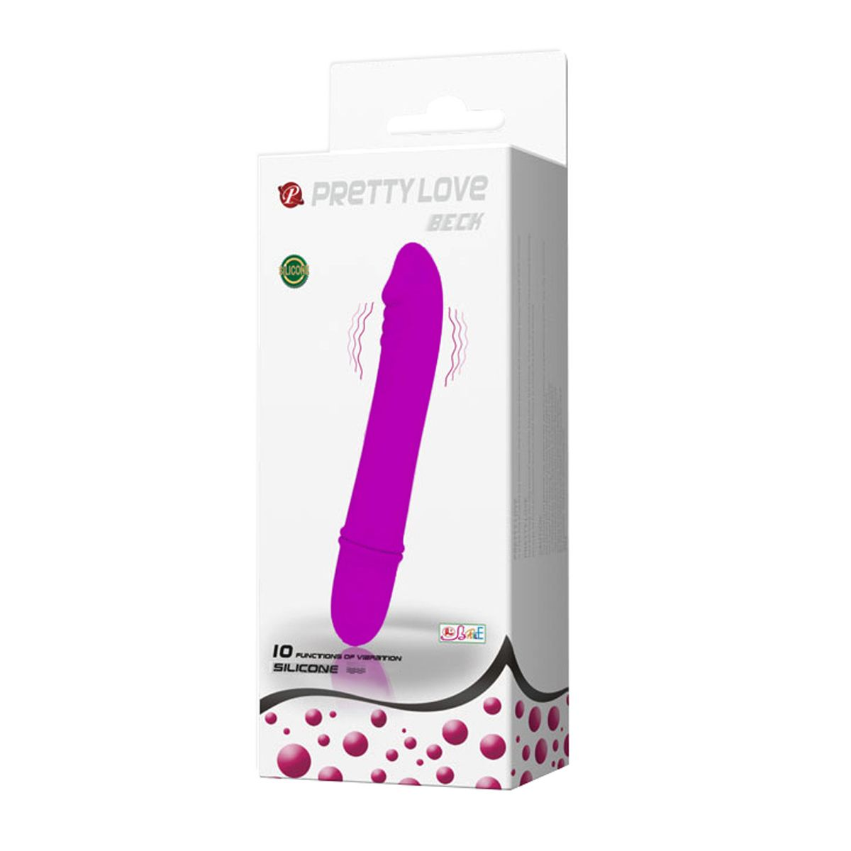 Ein lila Vibrator in einer Box mit der Aufschrift 'PRETTY LOVE BECK'. Rosa Kugeln schmücken.