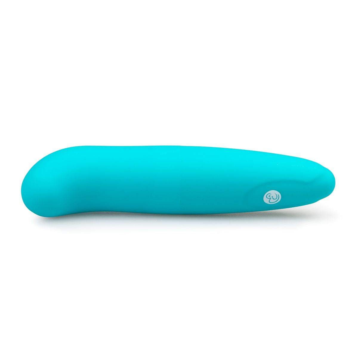 Türkisfarbener Vibrator auf weißem Hintergrund. Das Gerät ist gebogen, mit einem kleinen Knopf.