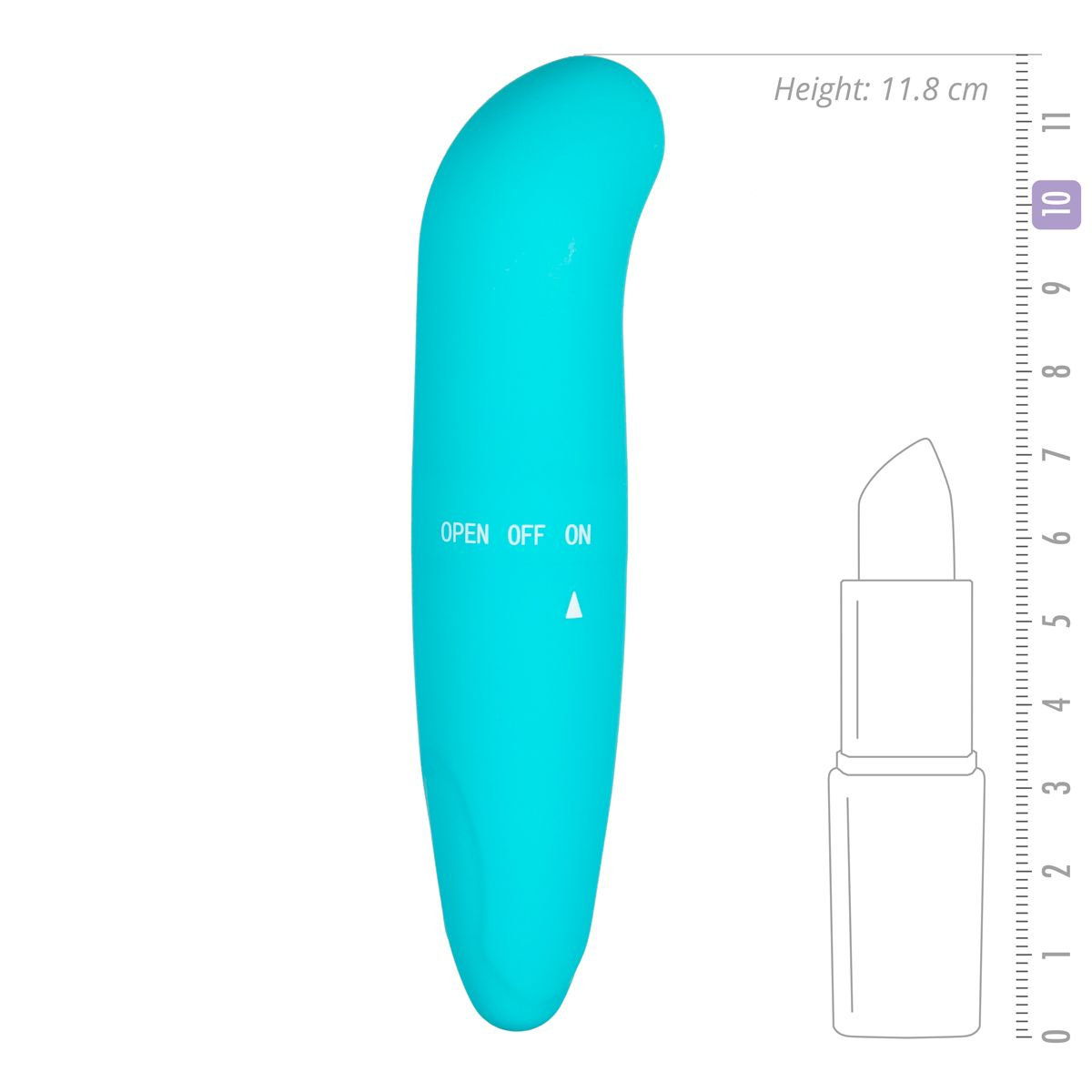 Ein türkisblauer Vibrator mit "OPEN OFF ON"-Tasten und einer Lippenstiftumriss zur Größenbestimmung, 11,8 cm.