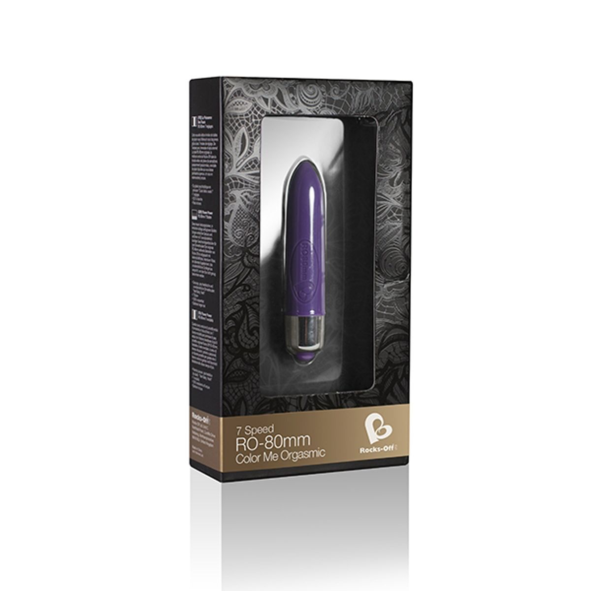 Ein lila Vibrator in einer Schachtel mit Text darauf. Die Schachtel ist schwarz und der Hintergrund ist weiß.