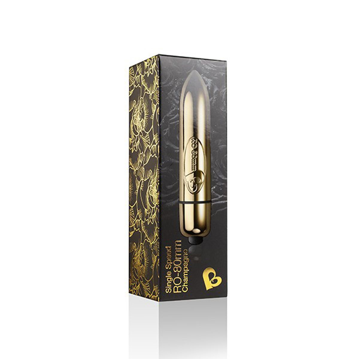 Schwarze Box mit einem goldenen Vibrator, beschriftet mit 'Single Speed RO-80mm Champagne'.