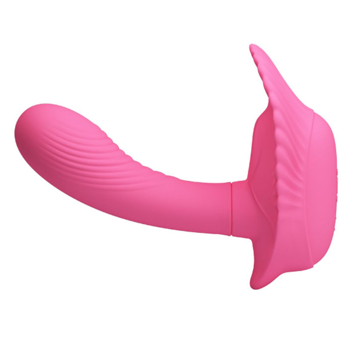 Ein rosa Sexspielzeug mit geschwungener Form und strukturierter Oberfläche, auf weißem Grund.
