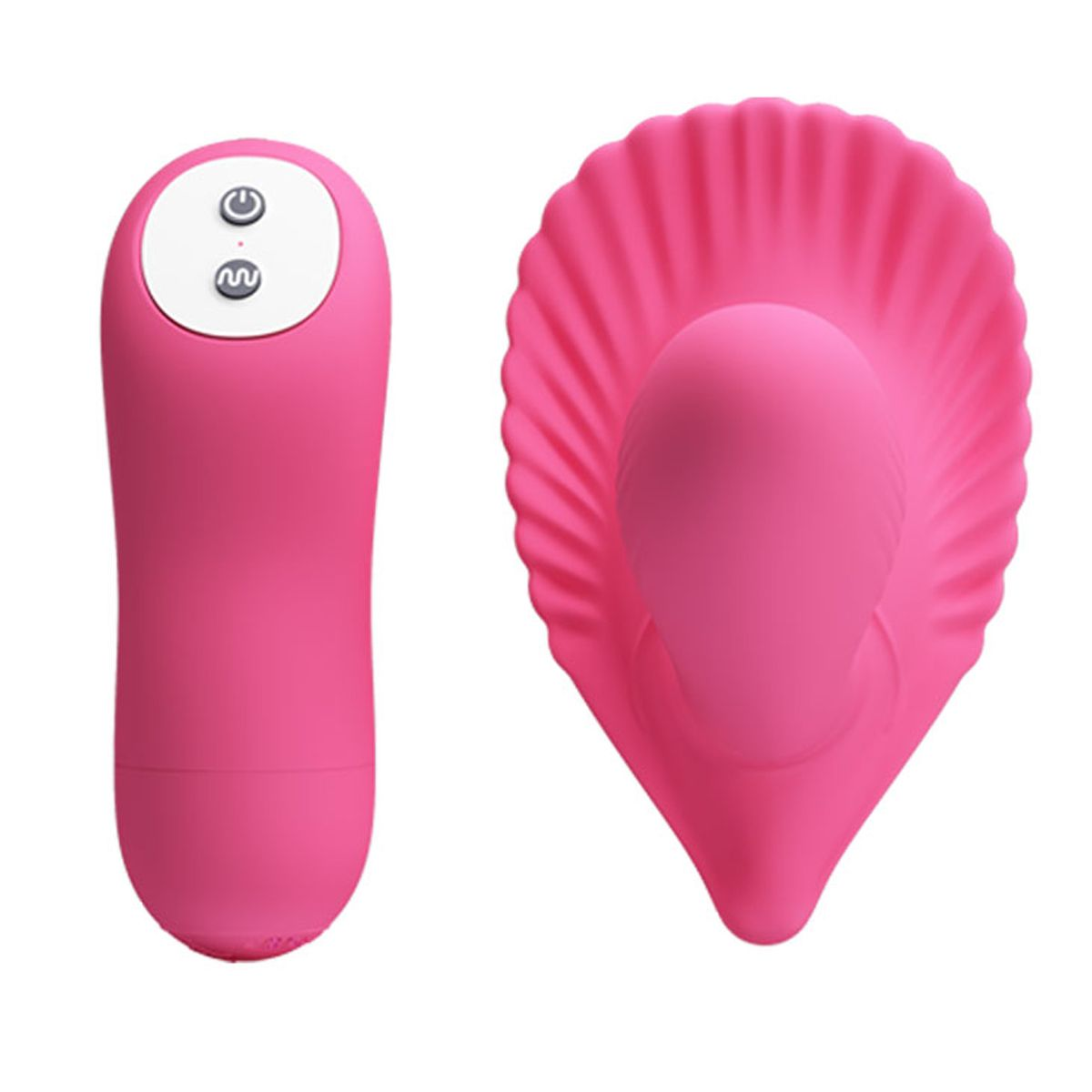 Rosa Sexspielzeug. Länglicher Körper mit Knöpfen und ein strukturiertes, muschelförmiges Teil. Weißer Hintergrund.