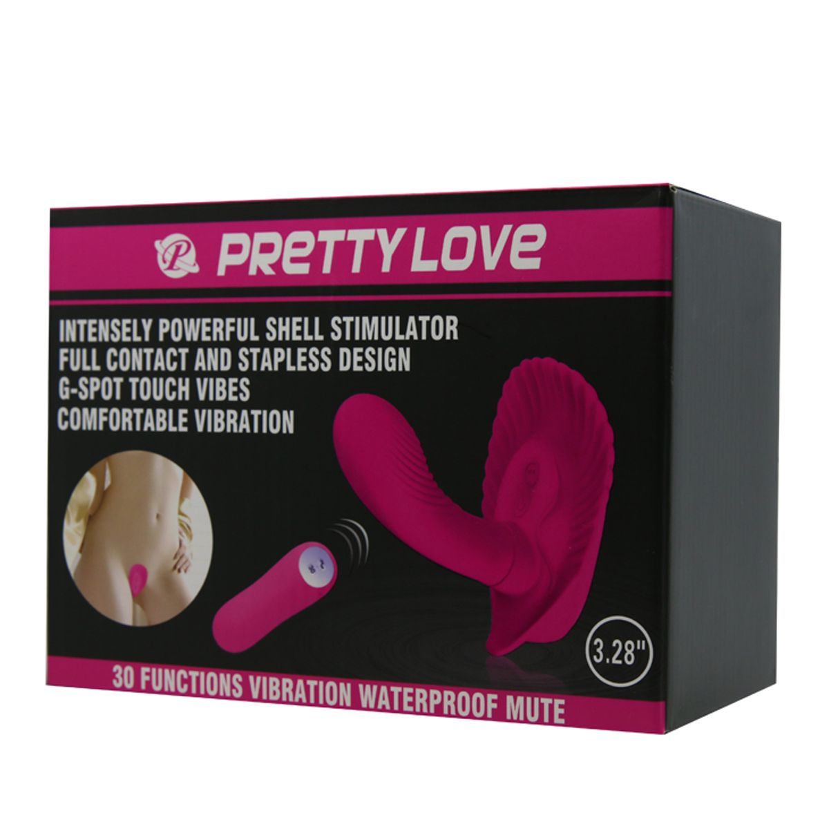 Ein rosa Vibrator und Verpackung. Die Box zeigt eine Person und Produktdetails.