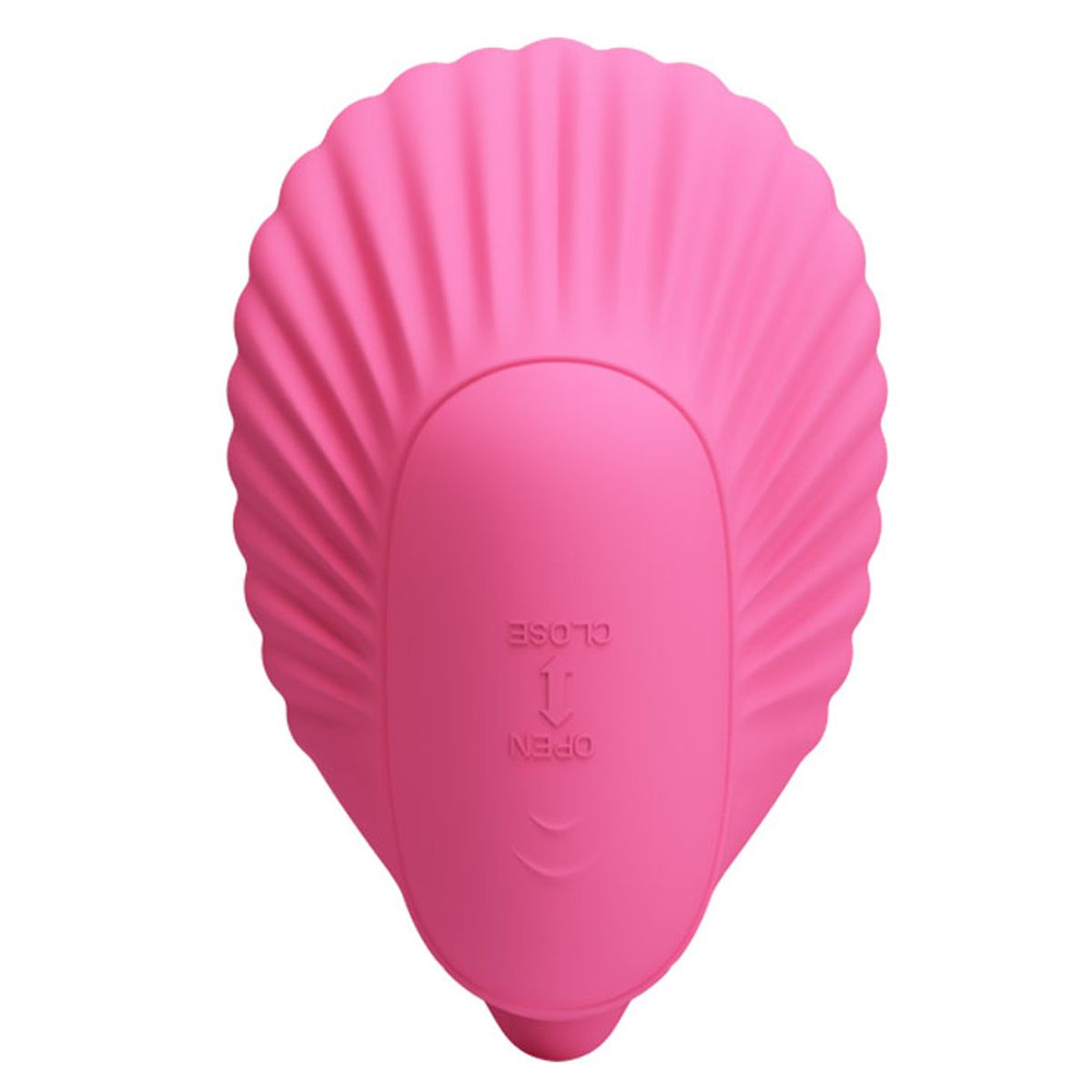 Ein rosa Sexspielzeug in Form einer Muschel. Es enthält die Wörter Öffnen und Schließen.