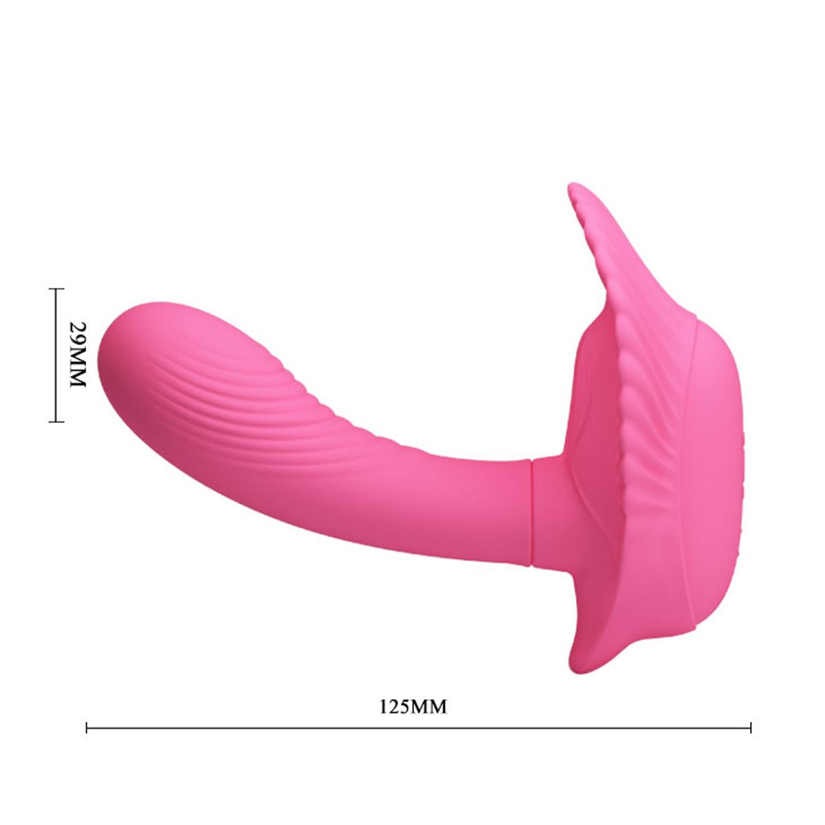 Ein pinkfarbener Vibrator mit gebogenem Schaft und ausgestellter Basis. Maße 29mm x 125mm.