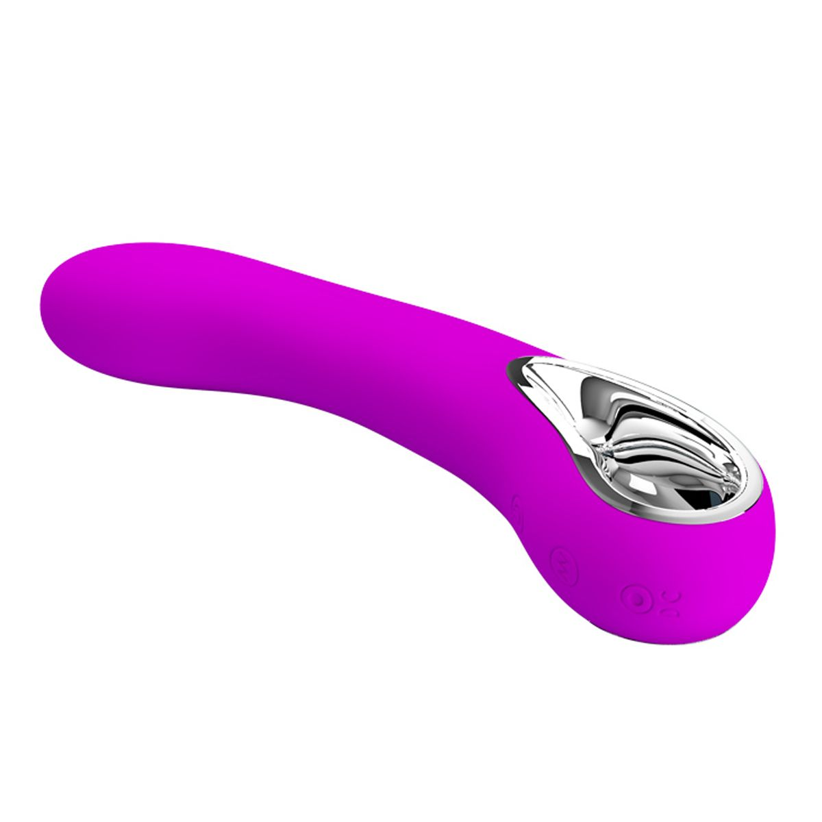 Ein pinkfarbener Vibrator mit silbernem Kopf. Es ist gebogen. Weißer Hintergrund.