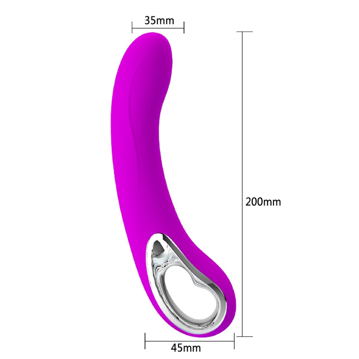 Ein lila Vibrator mit Silberring. Die Abmessungen sind angegeben. 200 mm lang, 35 mm breit und 45 mm.