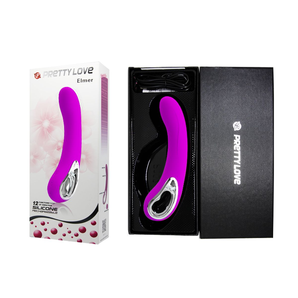 Sexspielzeug in und aus der Verpackung. Rosa Spielzeug mit gebogener Form und Knopf.