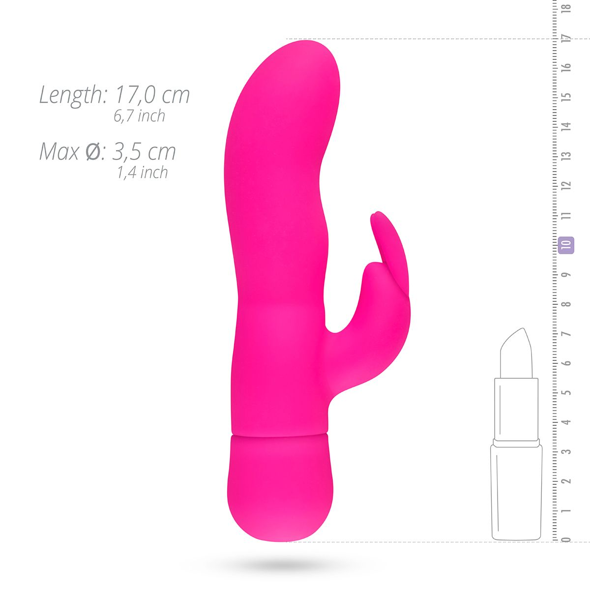 Ein rosa Sexspielzeug mit Maßangaben und einem Lippenstift als Maßstab. Weißer Hintergrund.