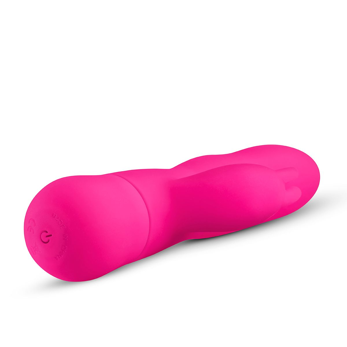 Ein rosa Sexspielzeug mit einem bauchigen Ende und einer schlanken, länglichen Form. Es liegt auf weißem Grund.