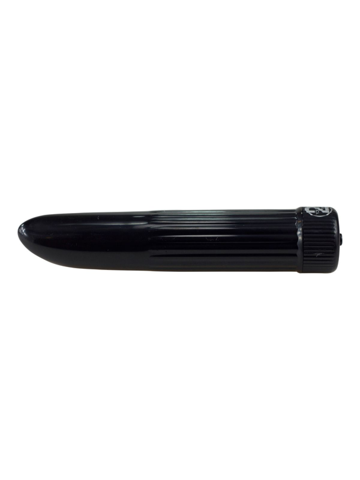 Schwarzer Vibrator auf weißem Hintergrund. Er hat eine gerippte Textur und einen abgerundeten Kopf.