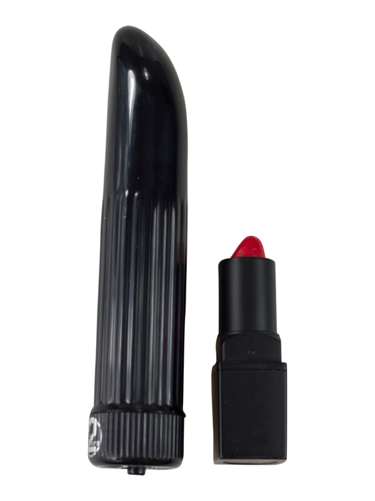 Schwarzer Vibrator und roter Lippenstift auf weißem Hintergrund.