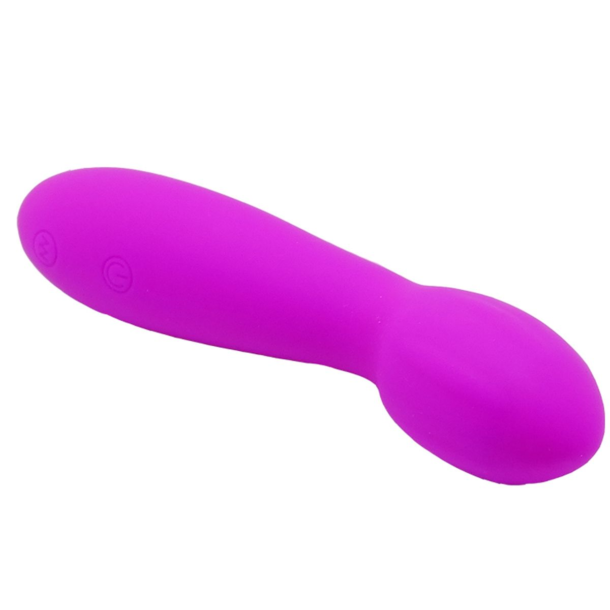 Un juguete sexual morado yace sobre una superficie blanca. Tiene una cabeza redondeada y un cuerpo curvo.