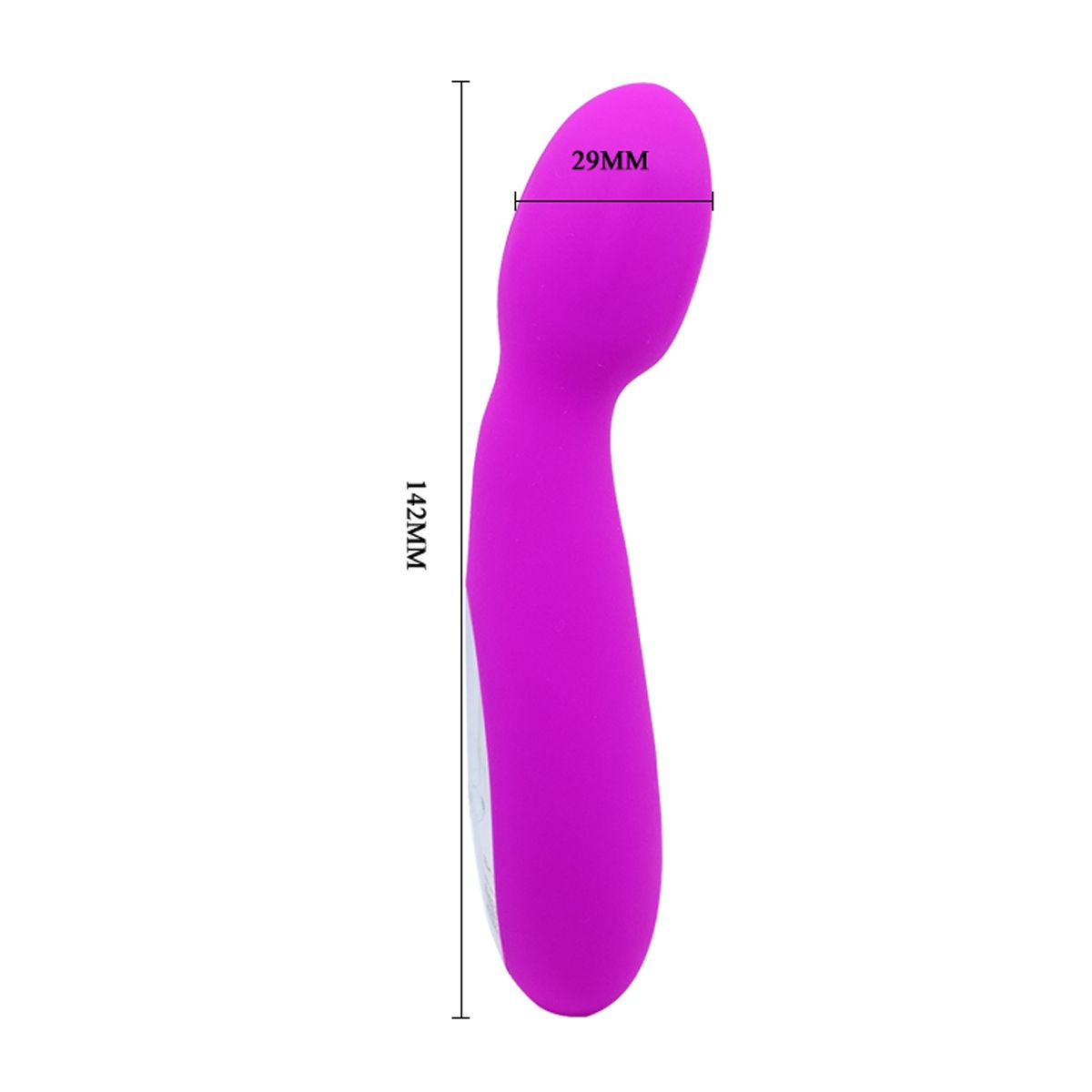 Un vibrador morado con dimensiones mostradas. 142 mm de largo, 29 mm de ancho en la punta.