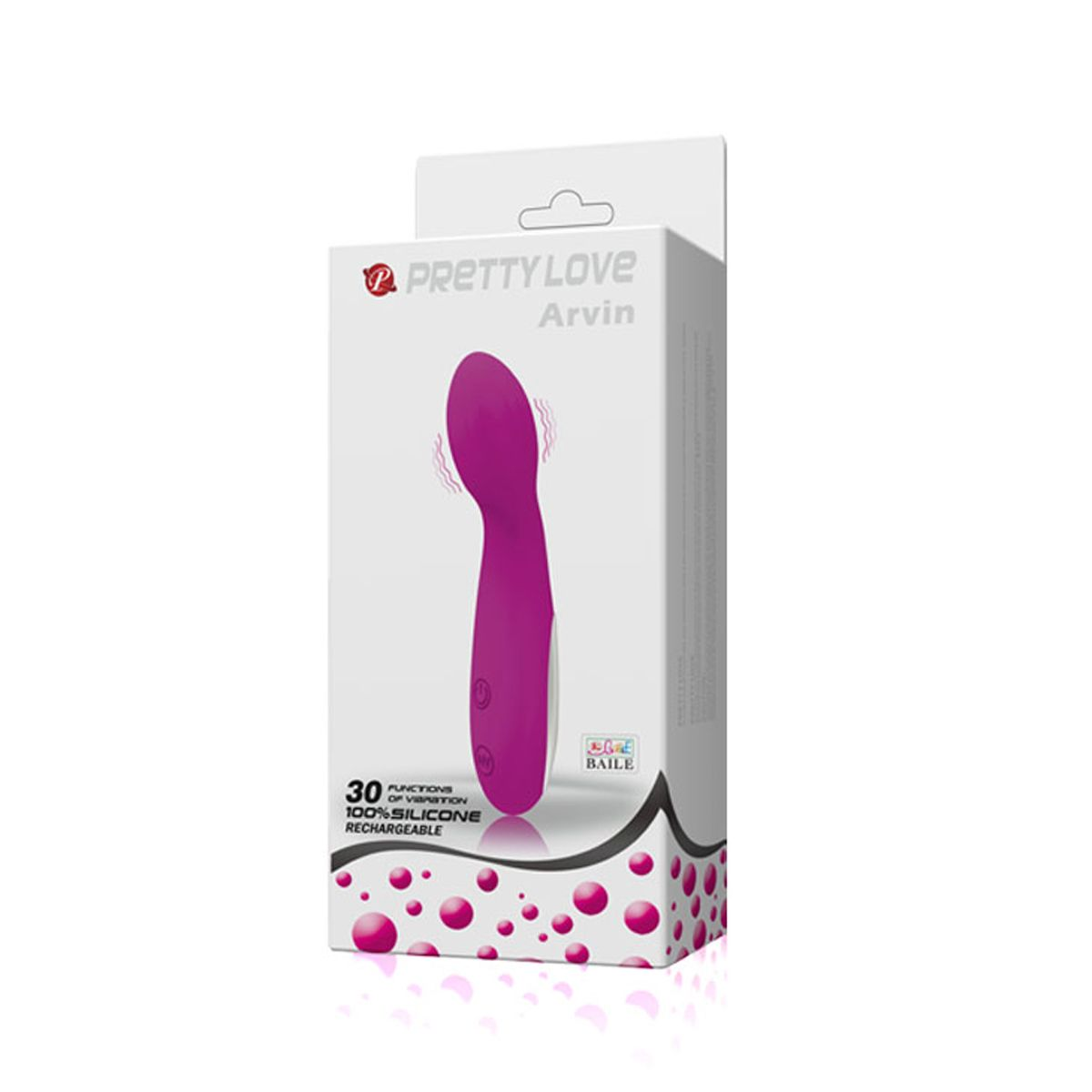 Un vibrador Pretty Love Arvin se muestra en su caja. Fondo blanco.