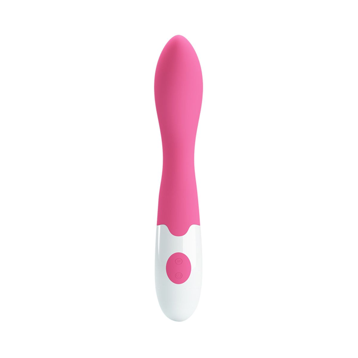 Un vibrador rosa con detalles blancos y dos botones en la base, fondo blanco.
