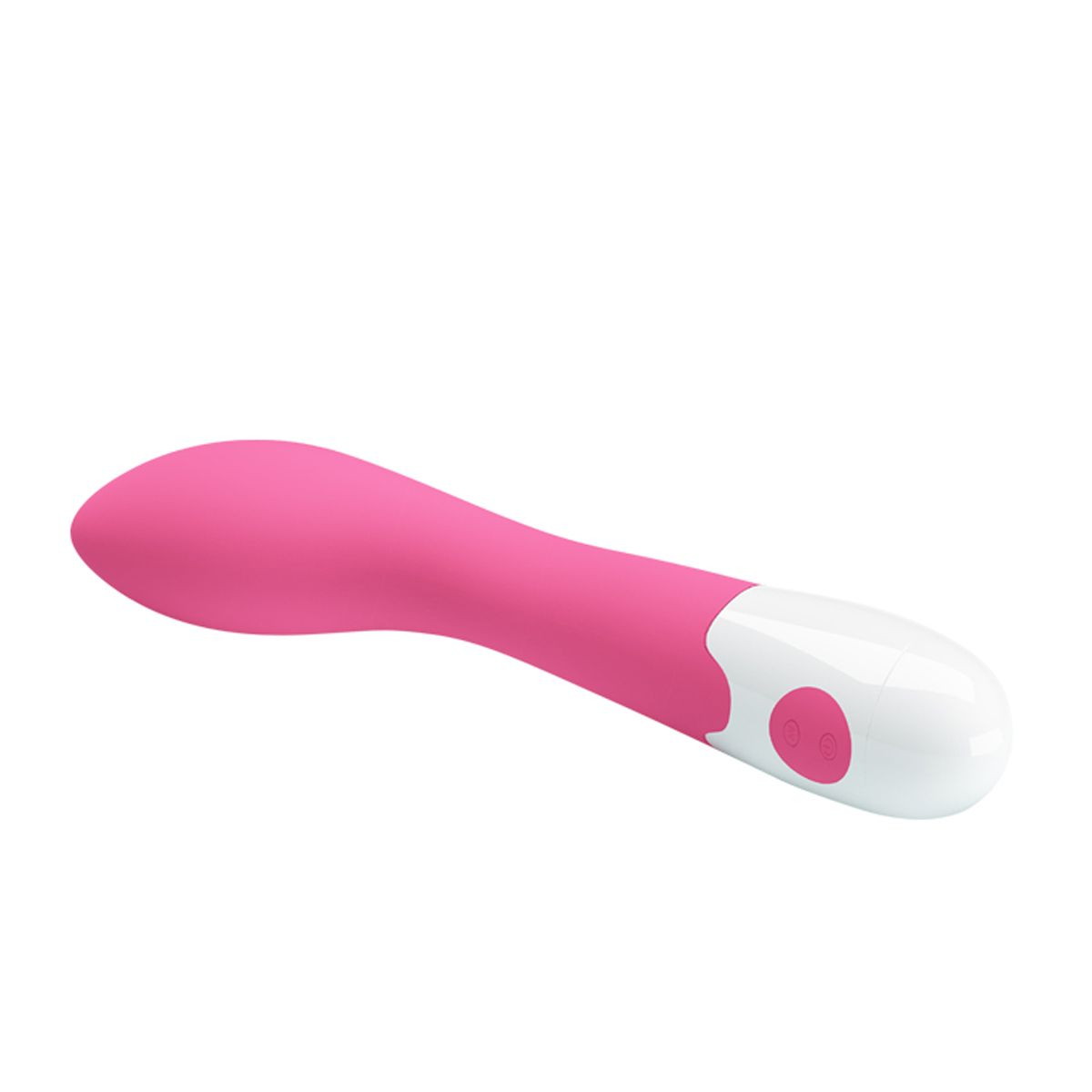 Juguete sexual rosa y blanco. Forma alargada, botones en el extremo. Fondo blanco.