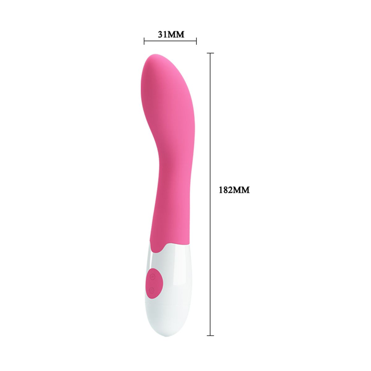Vibrador rosa con base blanca, 182 mm de largo y 31 mm de ancho.