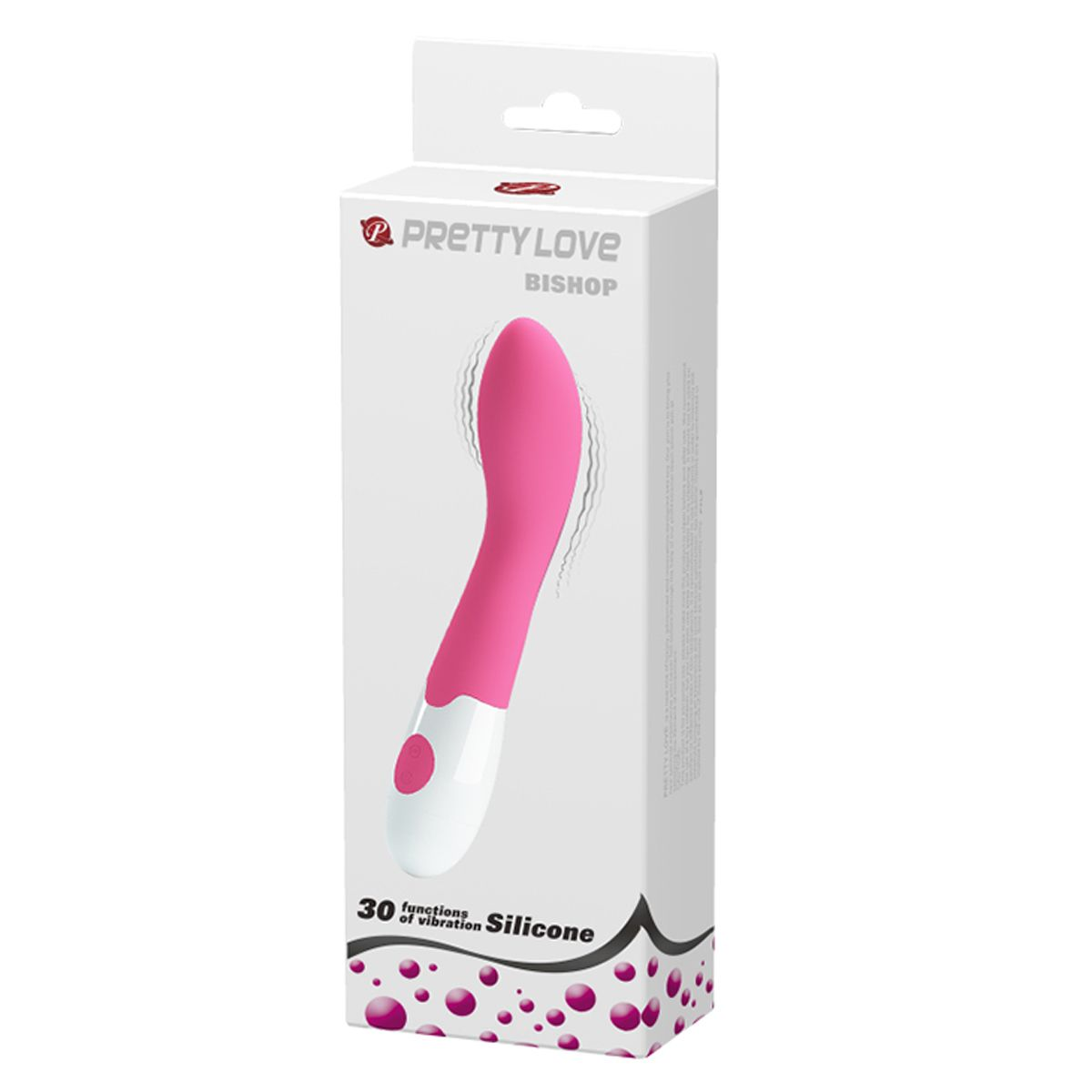Vibrador rosa en caja con texto, fondo blanco.