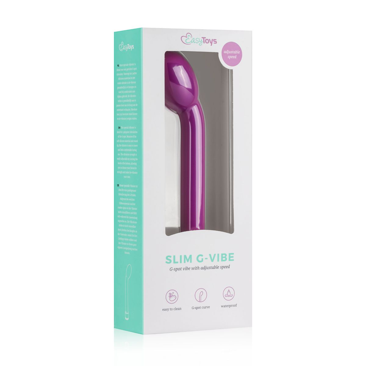 Boxed lila Sexspielzeug, 'Slim G-Vibe', mit Text. Weißer Hintergrund.