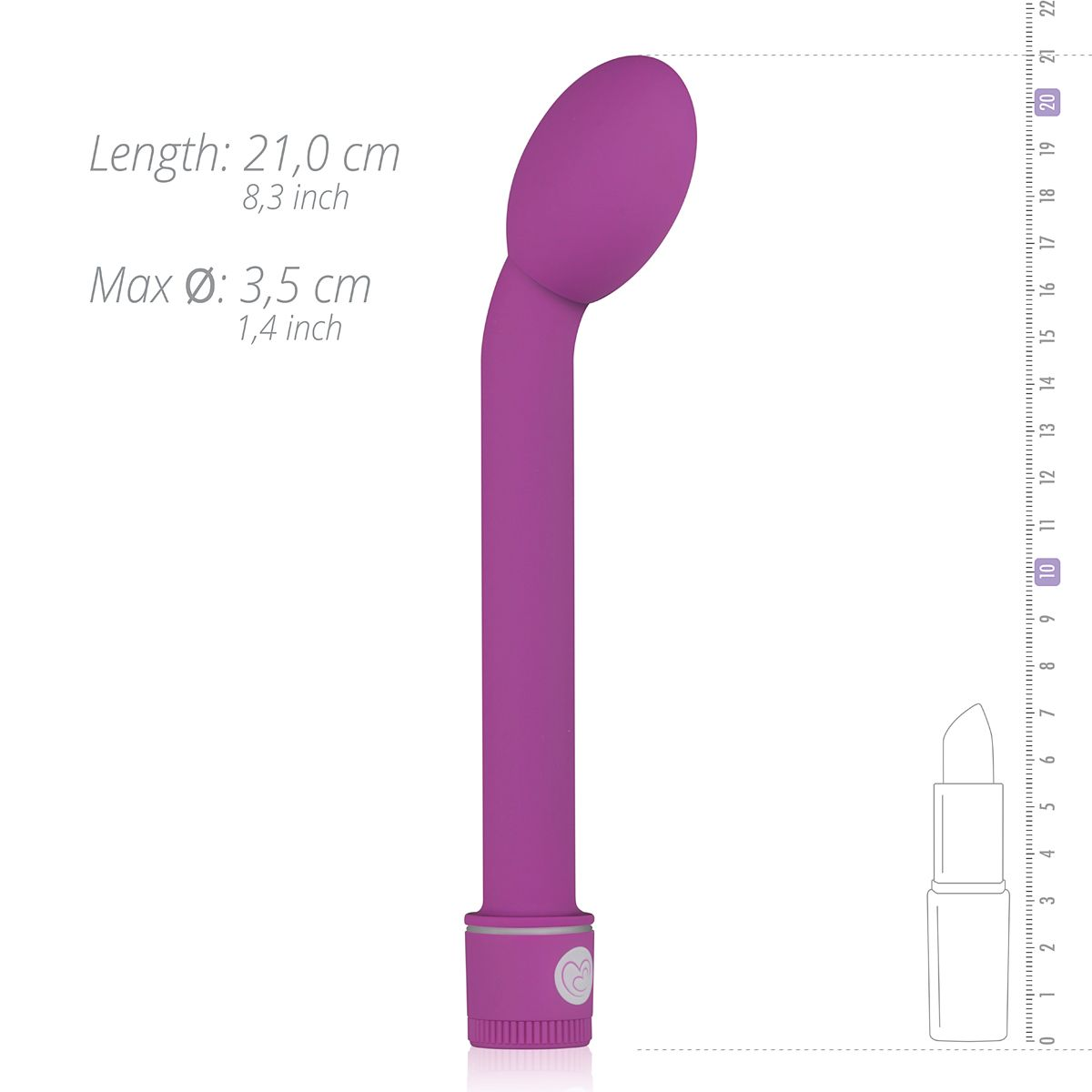 Ein lila Sexspielzeug mit Abmessungen daneben. Das Spielzeug hat ein geschwungenes Design.
