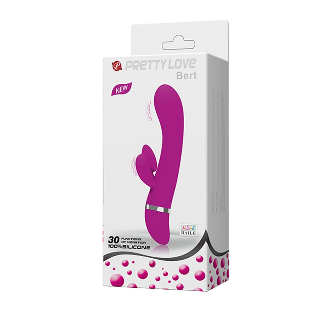 Schachtel eines Vibrators. Sie ist rosa mit dem Namen 'Pretty Love Bert'. Enthält Informationen über das Produkt und einen 'Neu'-Aufkleber.