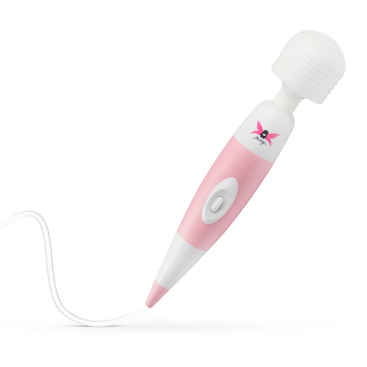 Ein rosa-weißes persönliches Massagegerät mit geripptem Kopf, einem Ein-/Ausschalter und einem dünnen weißen Kabel auf weißem Hintergrund.