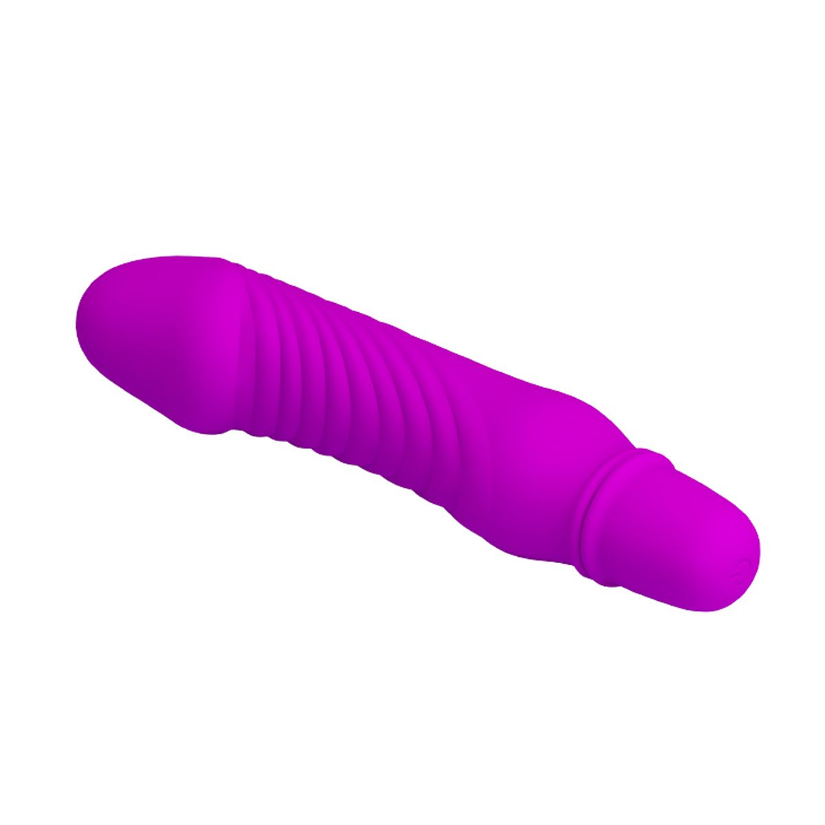 Ein lila Penis-förmiger Vibrator auf weißem Hintergrund.