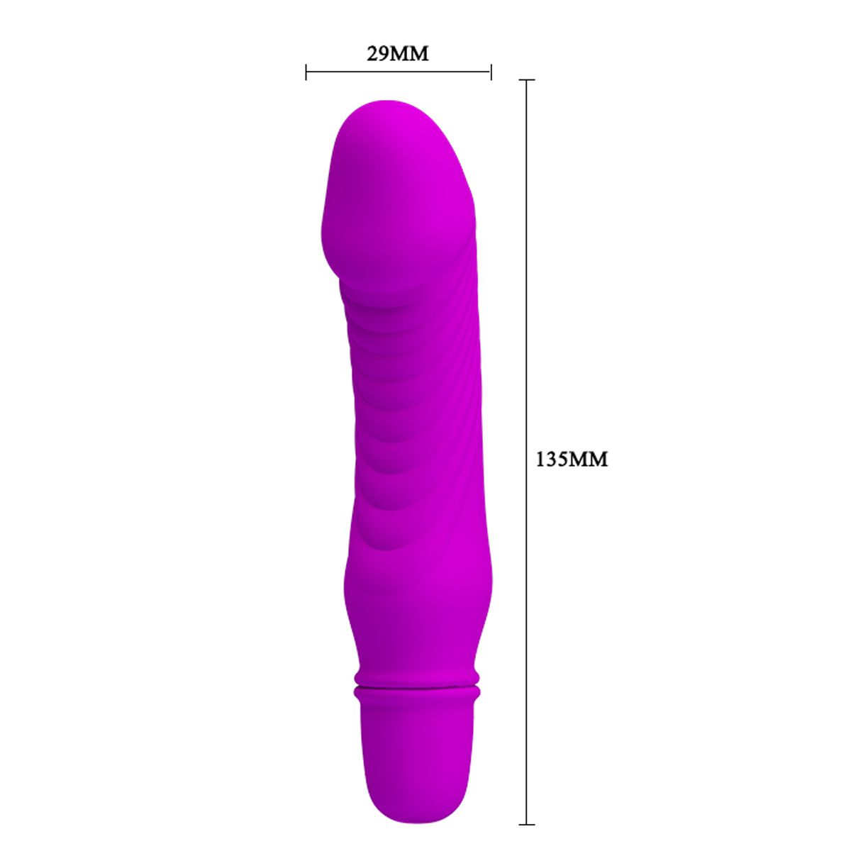 Lila Sexspielzeug mit Maßen, längliche Form, auf weißem Hintergrund.