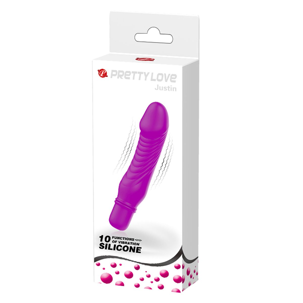 Verpacktes lila Dildo-Spielzeug. Schwarzer Text auf weißer Box. Weißer Hintergrund.