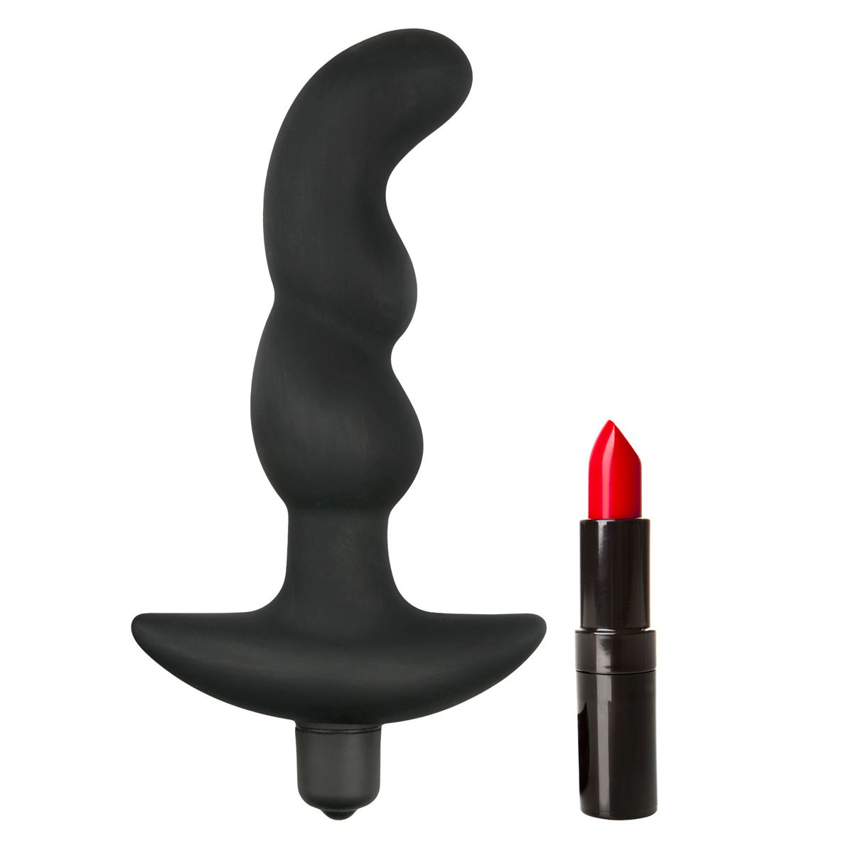 Schwarzes Sexspielzeug mit geschwungenem Design und einem roten Lippenstift. Beide stehen auf weißem Untergrund.
