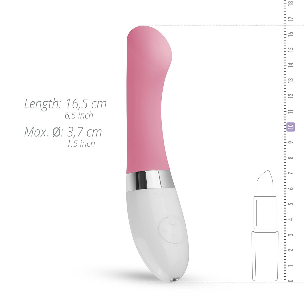 Różowy i biały wibrator obok konturu szminki i linijki.