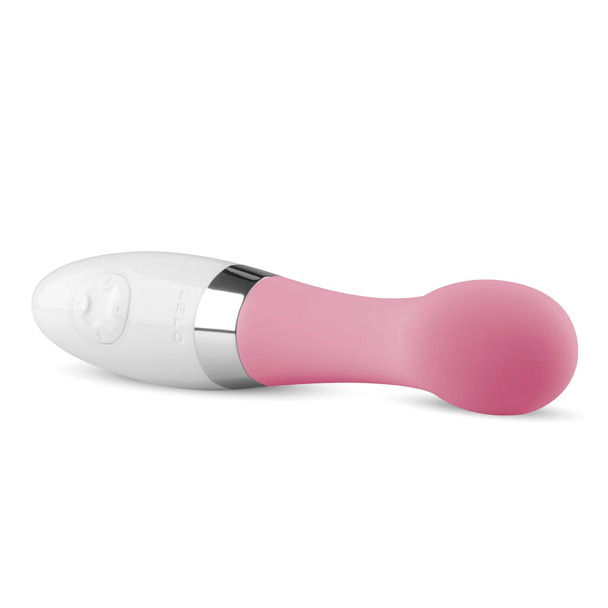 Biało-różowy wibrator, z zaokrągloną główką i pękatym końcem, leżący na białej powierzchni.