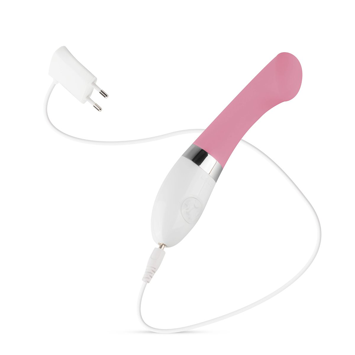 Różowa i biała zabawka erotyczna z ładowarką. Ma biały kabel. Białe tło.