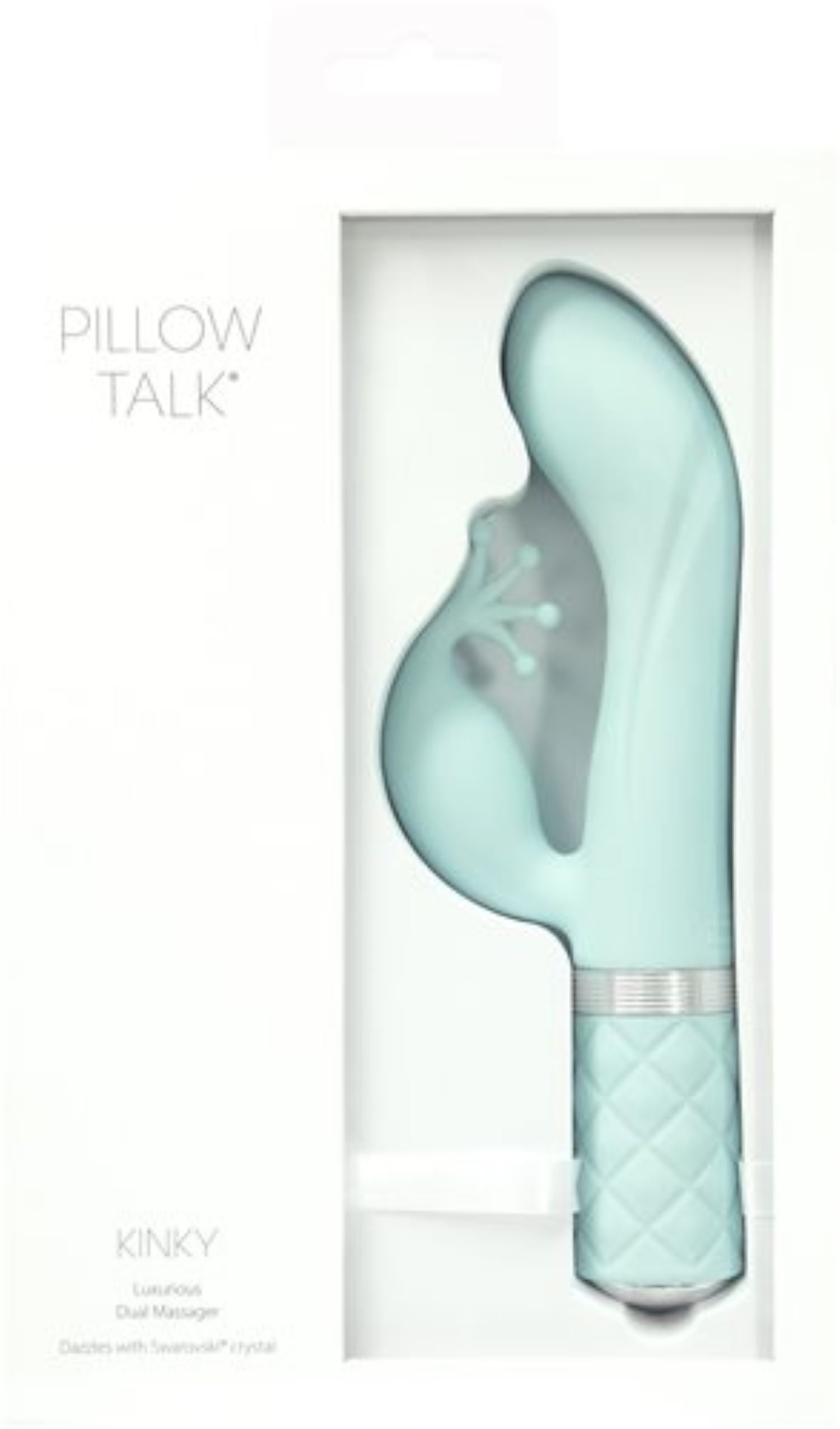 Blaues Sexspielzeug in der Box. Marke 'Pillow Talk'. Weißer Hintergrund. Kinky Model.