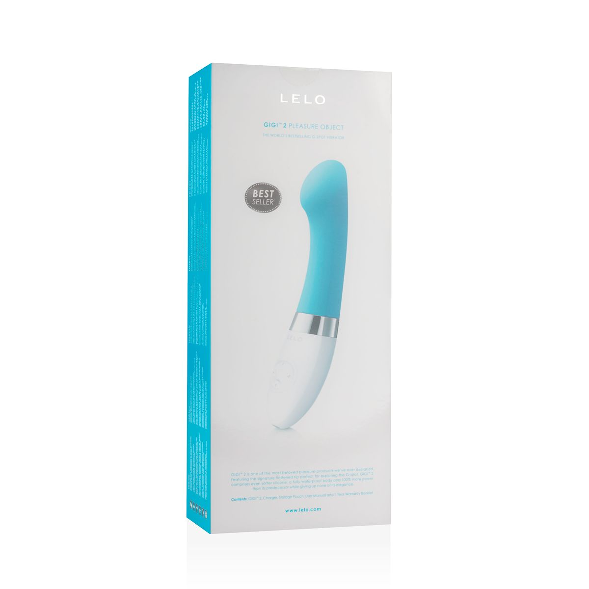 Pudełko z niebiesko-białym designem przedstawiającym turkusową zabawkę erotyczną. Na pudełku napis 'BEST SELLER' i tekst po angielsku.